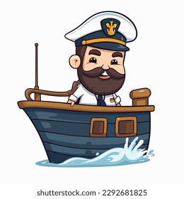 Captain of the transport ship. Shipping of tourists, cars and containers. The man with the beard. Cartoon vector illustration. label, sticker, t-shirt printing