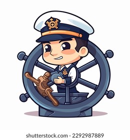 Captain of the transport ship. Shipping of tourists, cars and containers. Cartoon vector illustration. label, sticker, t-shirt printing