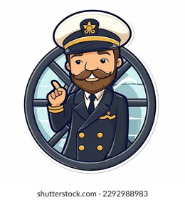 Captain of the transport ship. Shipping of tourists, cars and containers. The man with the beard. Cartoon vector illustration. label, sticker, t-shirt printing