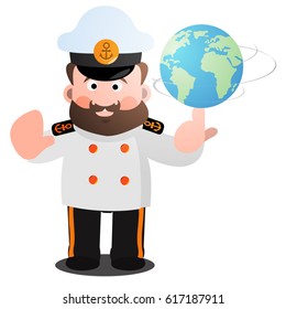 The captain twists the globe with a cartoon funny character.
