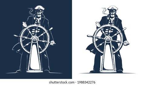 Captain in uniform at the helm of the ship. Helmsman at ship wheel. Vector illustration.