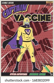 Captain Vaccine and Antiviral Serum Superhero Comic Book Stylization, Funny Illustration, Man in Yellow Biohazard Suit, Coronavirus Prophylaxis Propaganda Poster 