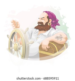 Captain at the wheel with a trunk of gold