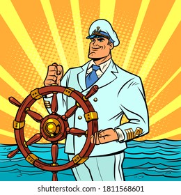 Captain in a white uniform at the helm of the ship. Comics caricature pop art retro illustration hand drawn