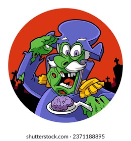 Captain Zombie eating brain. Spooky Horror Cartoon Creature Character Illustration.