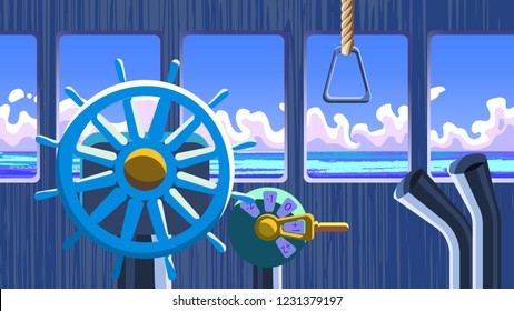 The captains bridge wich steering wheel and engine order telegraph, and beuty seascape