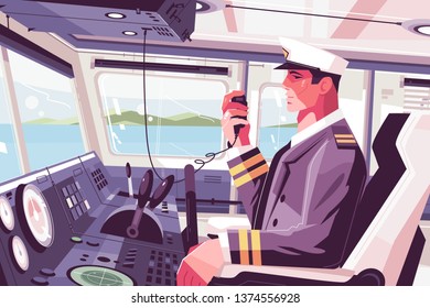 Captains cabin on ship vector illustration. Ferry boat pilot command berth with captain operating machine and talk into radio set flat style concept. View on beauty seascape