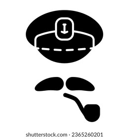 Captains cap, mustache and pipe solid icon, nautical concept, abstract sea captain character sign on white background, Navy sailor hat with mustache and smoking pipe icon in glyph. Vector