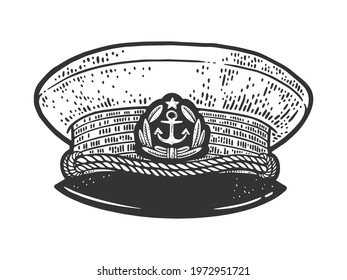 Captain's cap uniform sketch engraving vector illustration. T-shirt apparel print design. Scratch board imitation. Black and white hand drawn image.