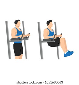 Captain's chair leg,knee,hip raises exercise. Flat vector illustration isolated on white background. Workout character