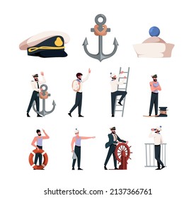 Captains and sailors. Navy marine or ocean workers mariner sailors in costume garish vector set