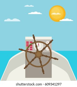 Captain's wheel on boat flat illustration