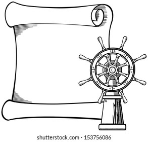 Captain's wheel and paper scroll in black and white