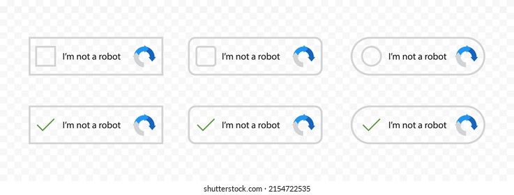 Captcha icons. I'm not a robot buttons. Web site protection. Person verification. Vector captcha icon set. Isolated flat vector graphic EPS 10