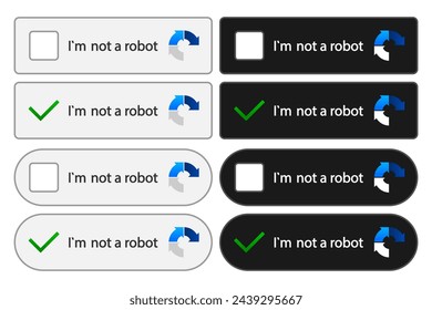 Captcha. Im Not a Robot. Robot verification recaptcha. Captcha with buttons for start testing. Computer random captcha test. Vector illustration.