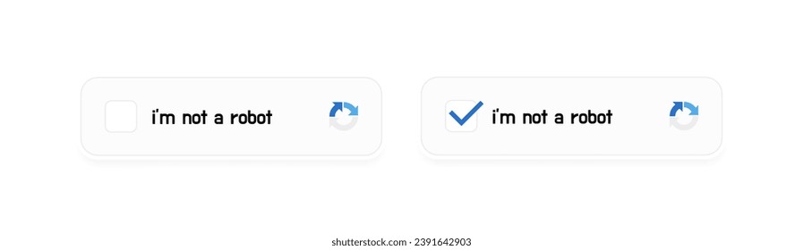 Captcha verification button with a confirmation that you are not a robot. I am not a robot. Concept of internet, website or application security. Vector illustration.