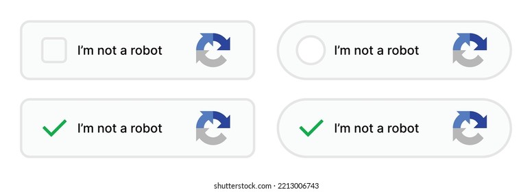 Captcha verification icon set. Captcha and recaptcha button. I am not a robot captcha button. Website and internet security concept. Vector illustration.