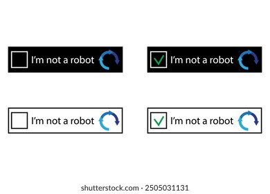 Captcha verification icons. I am not a robot text. Blue arrows and checkmark details. Black and white color scheme.