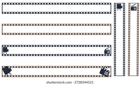 Una base de subtítulos con iconos de cámara de estilo de película negativa y tablero de clappers