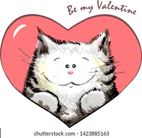 Caption: Be my Valentine. Cute kittens with hearts. Cute poses. Cats and hearts. Illustration. Vector.