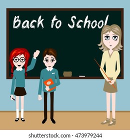 Caption chalk on a blackboard: back to school. children girl, boy and nice teacher standing near the blackboard vector illustration