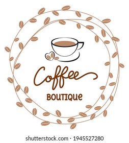 Caption: coffee boutique. Drawing of a coffee cup with a heart and coffee beans. For advertising, poster, poster, postcard. Vector illustration.
