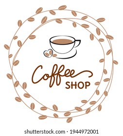 Überschrift: Café. Zeichnen einer Kaffeetasse mit Herz und Kaffeebohnen. Für Werbung, Poster, Poster, Postkarte. Vektorgrafik.