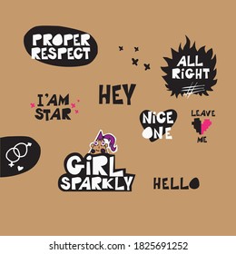 Caption for eight quotes. Leave me, due respect, I'm a star, Hey, honey, hi, sparkly girl, it's all right. Dynamic in cartoon style. Vector illustration.