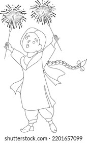 caption Festival of Lights in Hindi Deepavali or Diwali greeting card. Cartoon Indian girl  boy sky lanterns and crackers, in flat vector illustration.