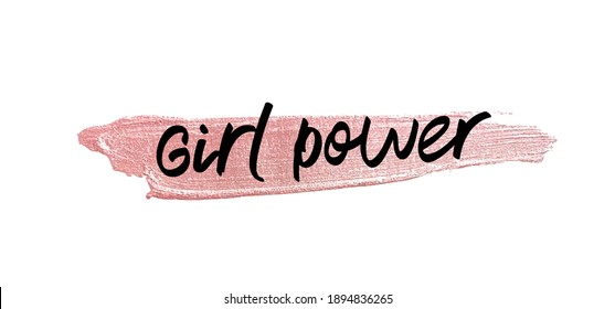 Caption - Girl power - with a bright pink smear of lipstick. Feminist slogan. Modern vector illustration isolated on white background.