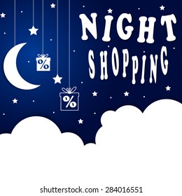 Caption -Good night shopping. On the night sky with elements of paper clouds and stars on a string