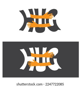 Caption hug with both hands, sticker, icon, vector.