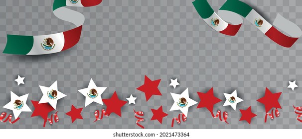 Caption: Mexican Independence Day, September 16. Vector illustration, fireworks balloons and ribbons with mexico flag. Realistic vector.