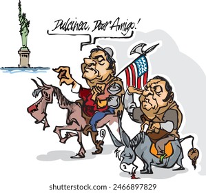 Caption says: "Dulcinea - the name of the lady love of Don Quixote - dear amigo!" fun toon of a fat modern day Don Quixote on American soil