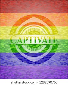 Captivate emblem on mosaic background with the colors of the LGBT flag