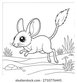Cautiva a las mentes jóvenes con este encantador jerbo de dibujos animados en medio de un salto a través de una simple escena del desierto. Ideal para contenido educativo, libros de cuentos y proyectos creativos que necesitan un toque de vida silvestre lúdica.