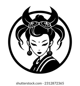 Fesseln Sie Ihr Publikum mit einer handgezeichneten Logo-Design-Illustration eines japanischen Geisha-Mädchens, die Schönheit, Tradition und Mystik symbolisiert.