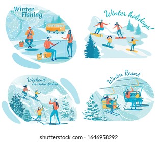 Captivated Anglers with Rods on Iced Pond. Family Holidays with Snowboards on Snowy Hills. Mom, Dad and Kids Spending Weekend Skiing. Parents and Children Traveling Ropeway Chairlift. Winter Resort.