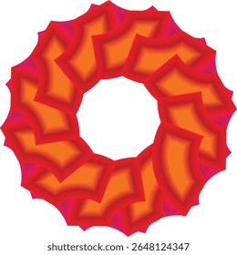 Um design geométrico 3D cativante com um padrão de flor em espiral em tons de vermelho e laranja em negrito contra um fundo branco.