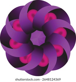 A captivating 3D geometric design featuring an intricate spiral knot pattern in bold purple and pink hues against a white background.