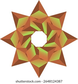 A captivating 3D geometric design featuring a star pattern with bold orange shapes and green accents against a white background.
