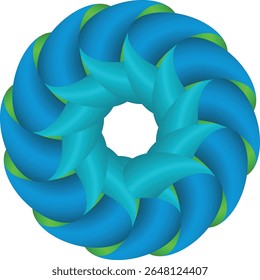 A captivating 3D geometric design featuring an intricate spiral knot pattern in blue and green hues against a white background.