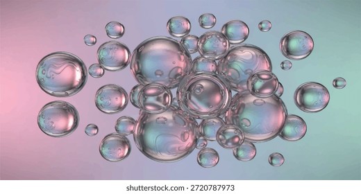 Uma cativante renderização 3D exibindo um conjunto de bolhas líquidas iridescentes, variando em tamanho, contra um fundo de gradiente suave que muda de rosa para verde, criando uma hipnotizante e etérea.