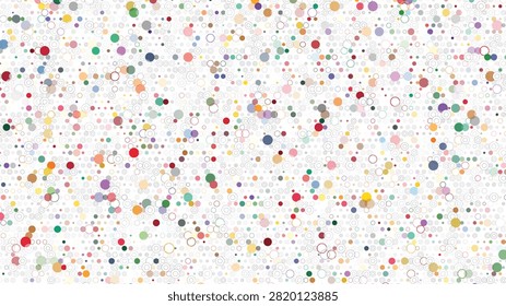 A captivating abstract arrangement composed of numerous small, multicolored solid and outlined circles, forming an intricate, cheerful, and visually stimulating surface design.