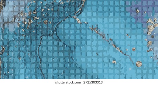 Uma arte abstrata cativante com uma mistura de arte fluida azul e dourada, reforçada por uma sutil sobreposição de grade texturizada, criando um visual dinâmico e moderno.