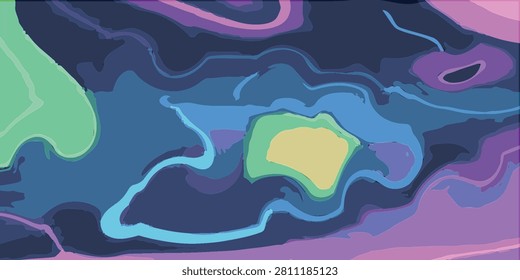 A captivating abstract artwork featuring a dynamic interplay of fluid shapes and a rich palette of blues, purples, greens, and yellow, creating a sense of movement and depth.
