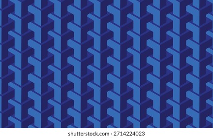 Un cautivador fondo de patrón sin fisuras geométrico isométrico azul abstracto con Formas 3D entrelazadas que crean profundidad visual y una sensación estética moderna.