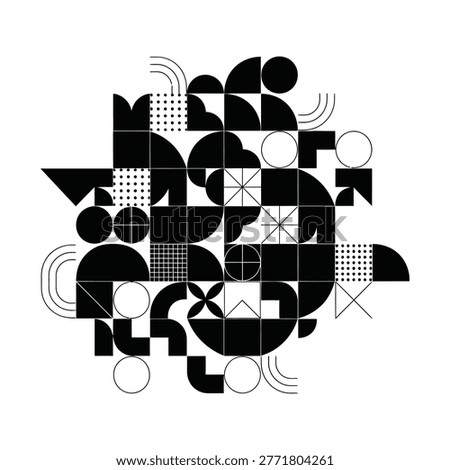 A captivating abstract composition featuring an intricate arrangement of black and white geometric shapes, forming a dynamic and modern pattern.