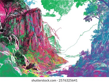 A captivating abstract depiction of a tranquil valley surrounded by towering cliffs and rugged mountains. The artwork uses an intricate web of vivid, interlocking lines.