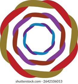 A captivating abstract design featuring concentric, intertwined rings in red, olive, purple, and teal, creating a modern and dynamic circular pattern